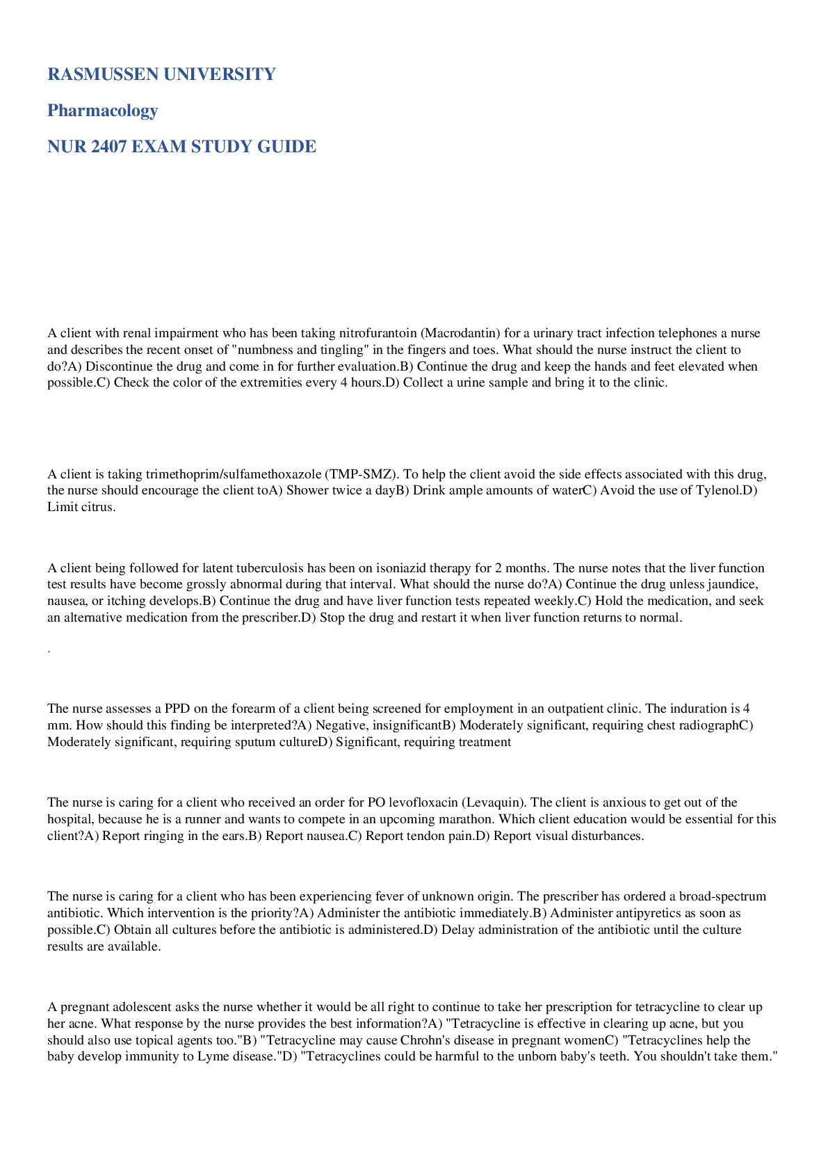 Preview image for RASMUSSEN UNIVERSITY Pharmacology NUR 2407 EXAM STUDY GUIDE